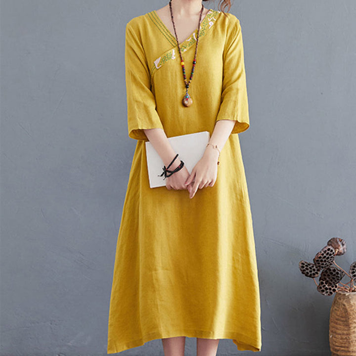 Buddha Stones Summer Plain Embroidery V-Neck Design Three Quarter Sleeve Cotton Linen Midi Dress