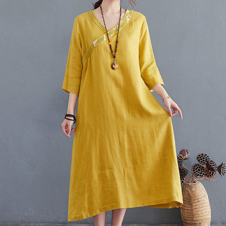 Buddha Stones Summer Plain Embroidery V-Neck Design Three Quarter Sleeve Cotton Linen Midi Dress