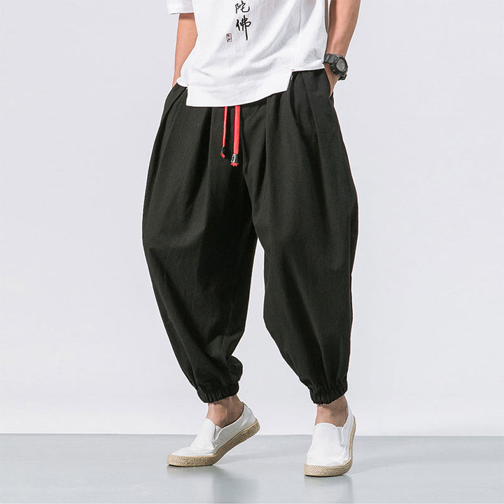 Buddha Stones Casual Sports Men's Solid Color Cotton Linen Drawstring Pants With Pockets