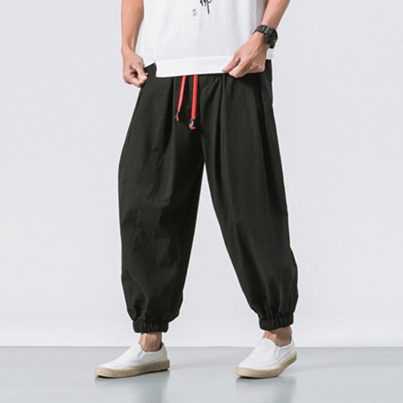 Buddha Stones Casual Sports Men's Solid Color Cotton Linen Drawstring Pants With Pockets