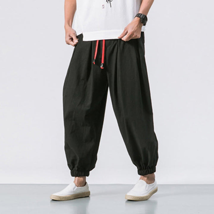 Buddha Stones Casual Sports Men's Solid Color Cotton Linen Drawstring Pants With Pockets