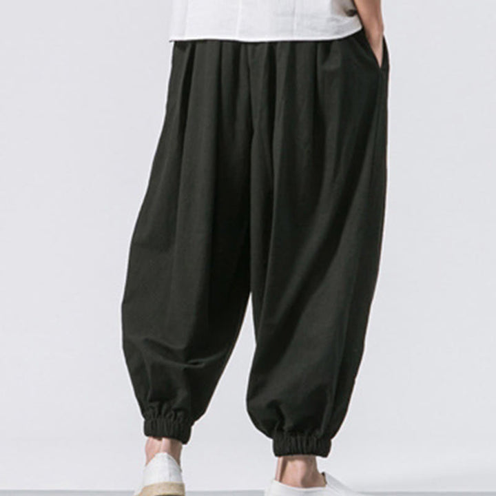Buddha Stones Casual Sports Men's Solid Color Cotton Linen Drawstring Pants With Pockets