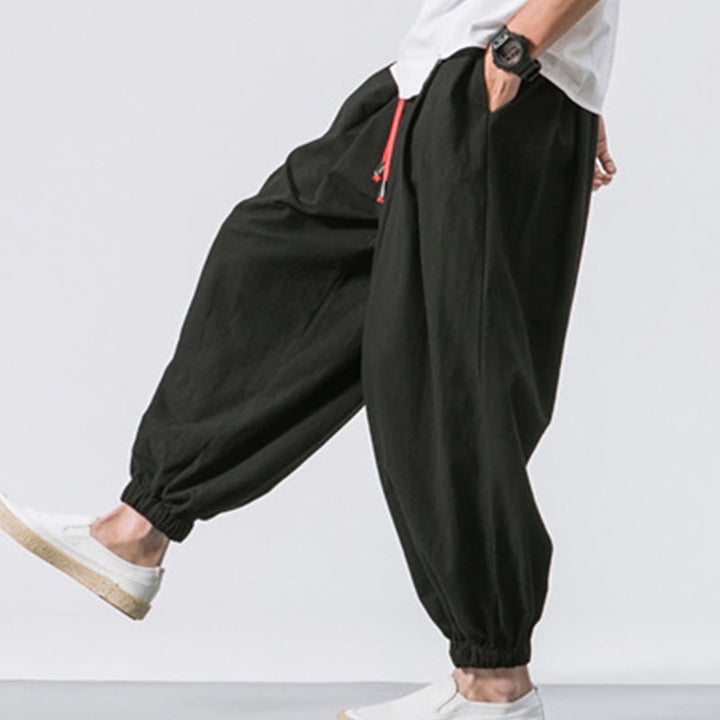 Buddha Stones Casual Sports Men's Solid Color Cotton Linen Drawstring Pants With Pockets