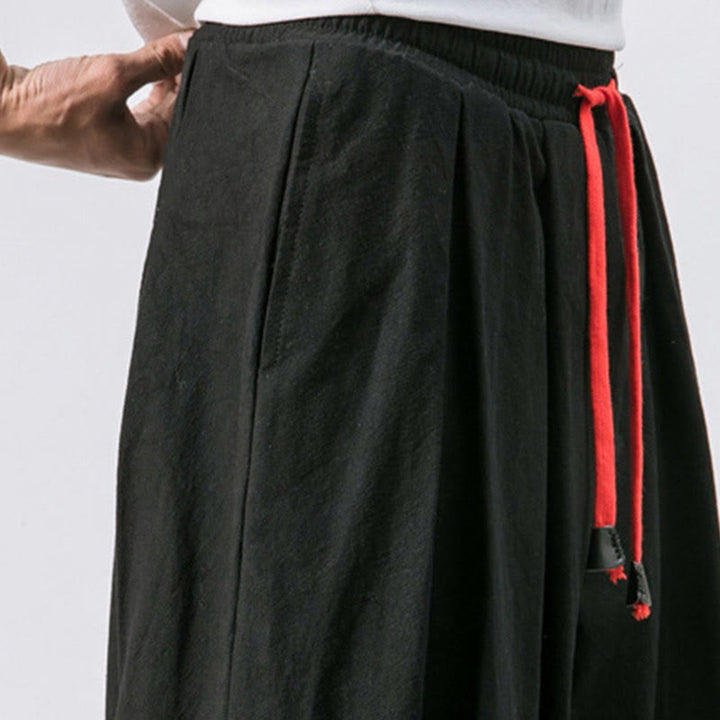Buddha Stones Casual Sports Men's Solid Color Cotton Linen Drawstring Pants With Pockets