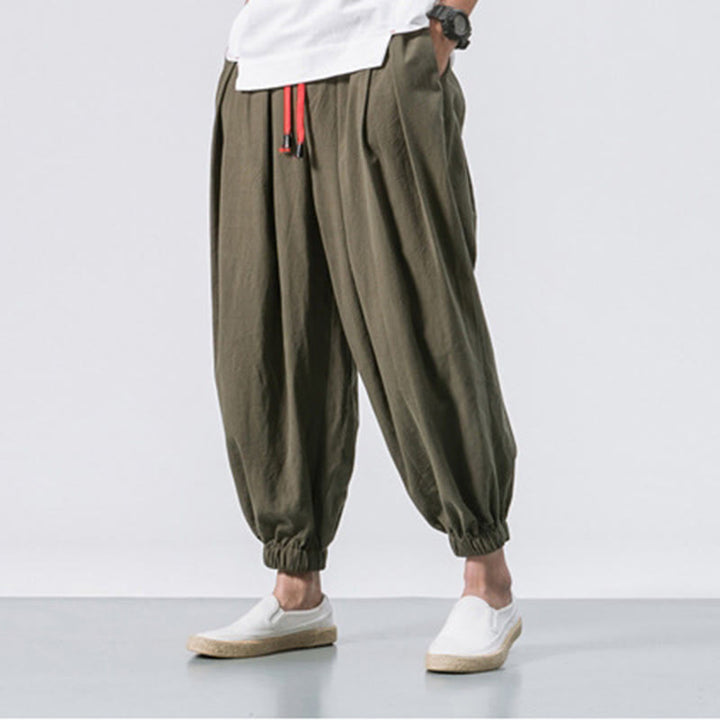 Buddha Stones Casual Sports Men's Solid Color Cotton Linen Drawstring Pants With Pockets