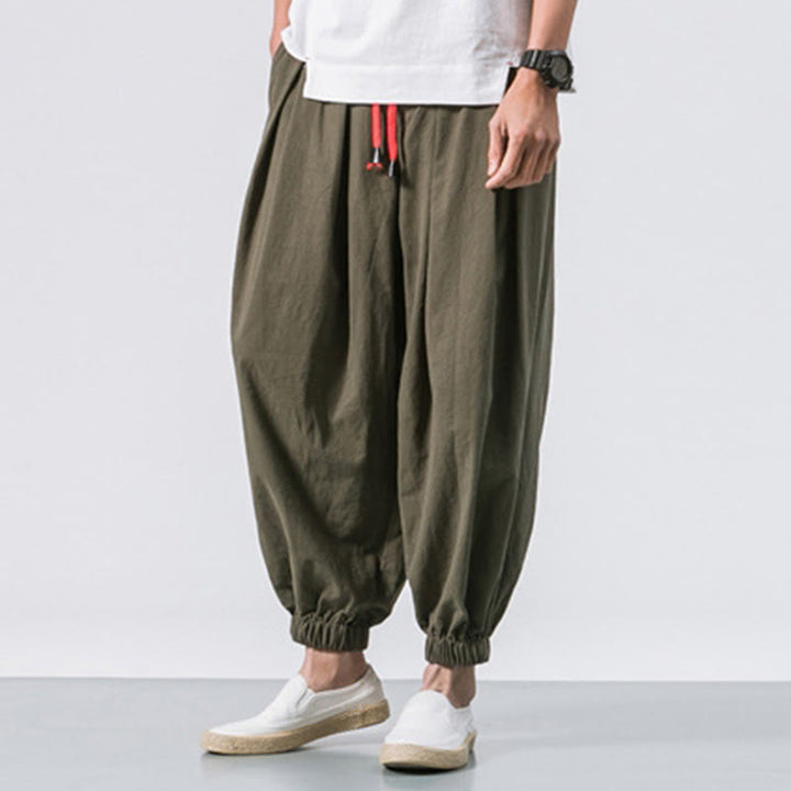 Buddha Stones Casual Sports Men's Solid Color Cotton Linen Drawstring Pants With Pockets
