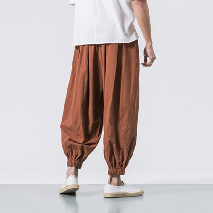 Buddha Stones Casual Sports Men's Solid Color Cotton Linen Drawstring Pants With Pockets