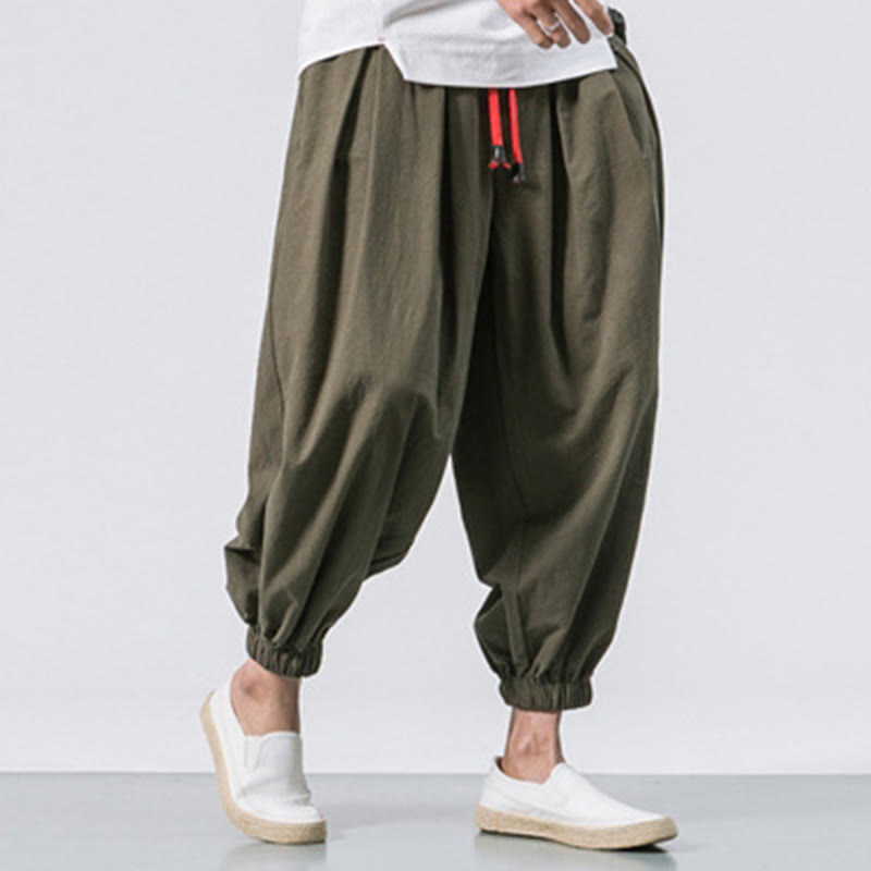 Buddha Stones Casual Sports Men's Solid Color Cotton Linen Drawstring Pants With Pockets