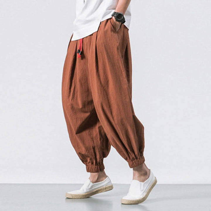 Buddha Stones Casual Sports Men's Solid Color Cotton Linen Drawstring Pants With Pockets