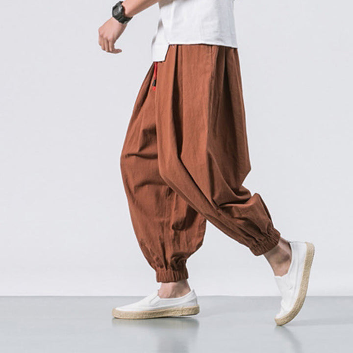 Buddha Stones Casual Sports Men's Solid Color Cotton Linen Drawstring Pants With Pockets