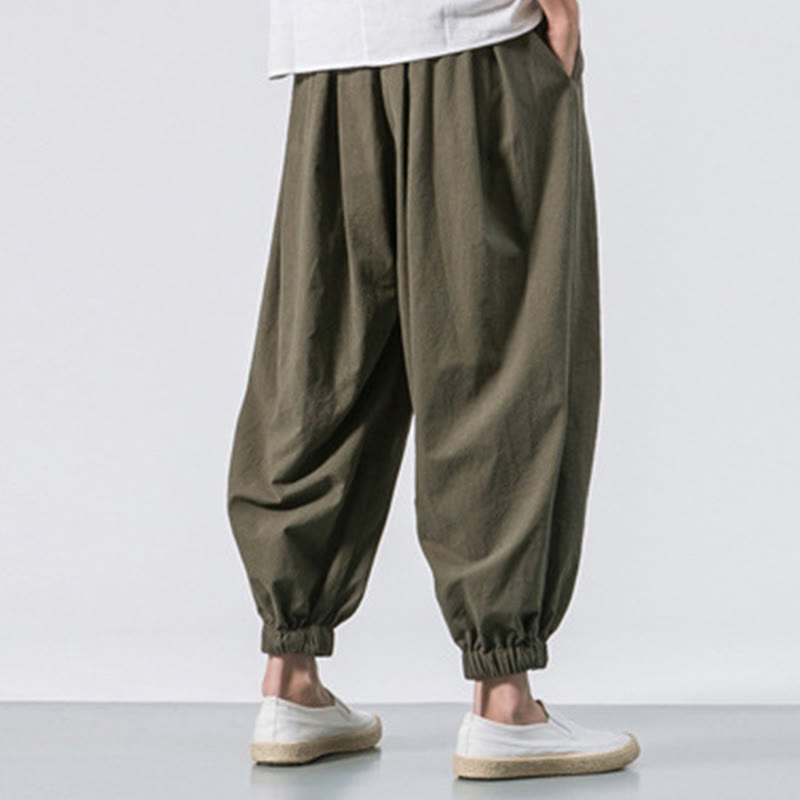 Buddha Stones Casual Sports Men's Solid Color Cotton Linen Drawstring Pants With Pockets
