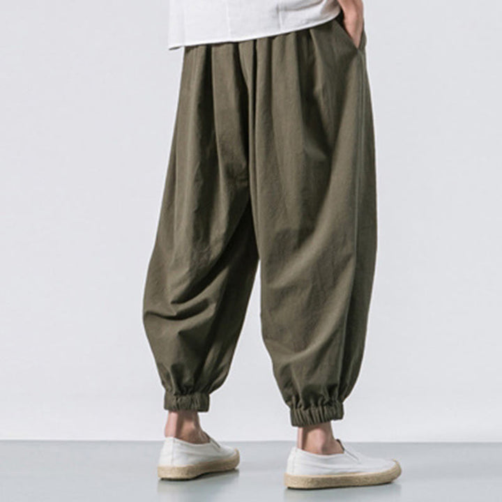 Buddha Stones Casual Sports Men's Solid Color Cotton Linen Drawstring Pants With Pockets