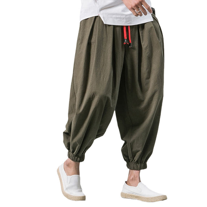 Buddha Stones Casual Sports Men's Solid Color Cotton Linen Drawstring Pants With Pockets