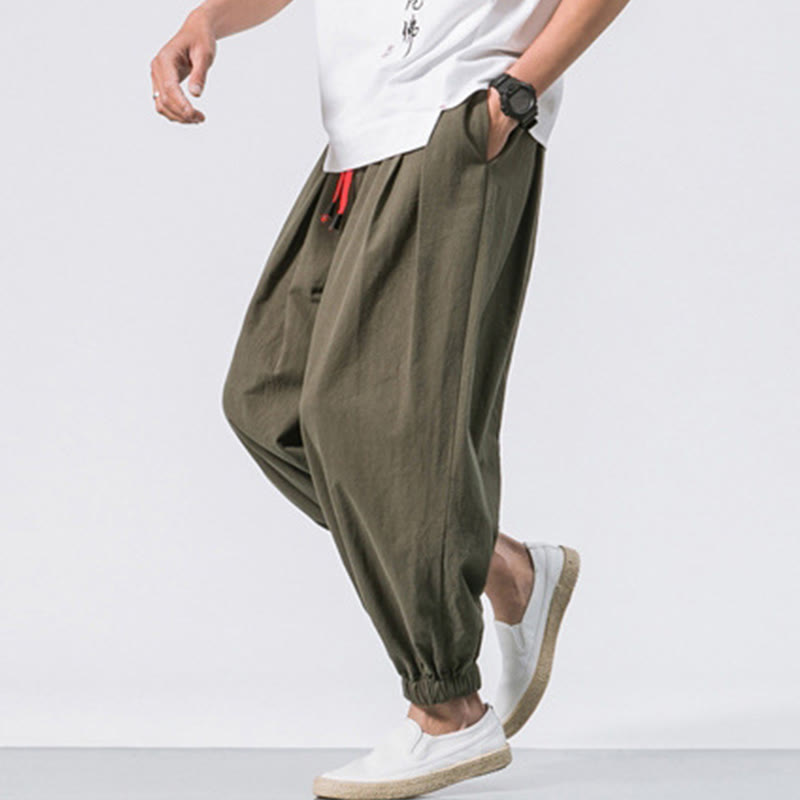 Buddha Stones Casual Sports Men's Solid Color Cotton Linen Drawstring Pants With Pockets