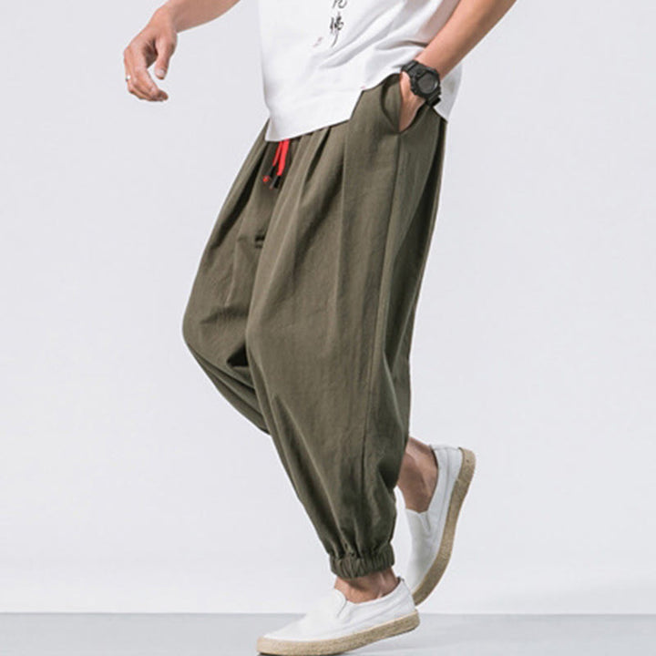 Buddha Stones Casual Sports Men's Solid Color Cotton Linen Drawstring Pants With Pockets
