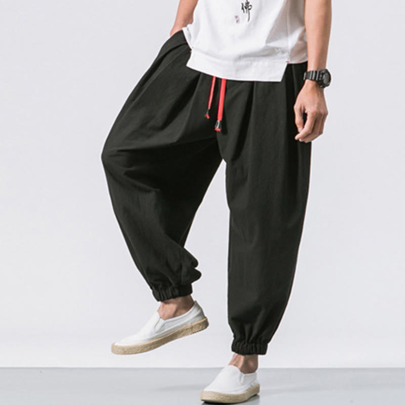 Buddha Stones Casual Sports Men's Solid Color Cotton Linen Drawstring Pants With Pockets