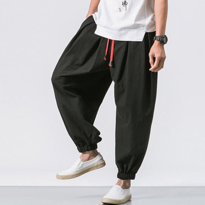 Buddha Stones Casual Sports Men's Solid Color Cotton Linen Drawstring Pants With Pockets