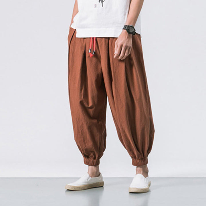 Buddha Stones Casual Sports Men's Solid Color Cotton Linen Drawstring Pants With Pockets