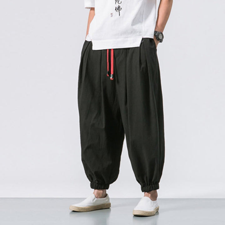 Buddha Stones Casual Sports Men's Solid Color Cotton Linen Drawstring Pants With Pockets