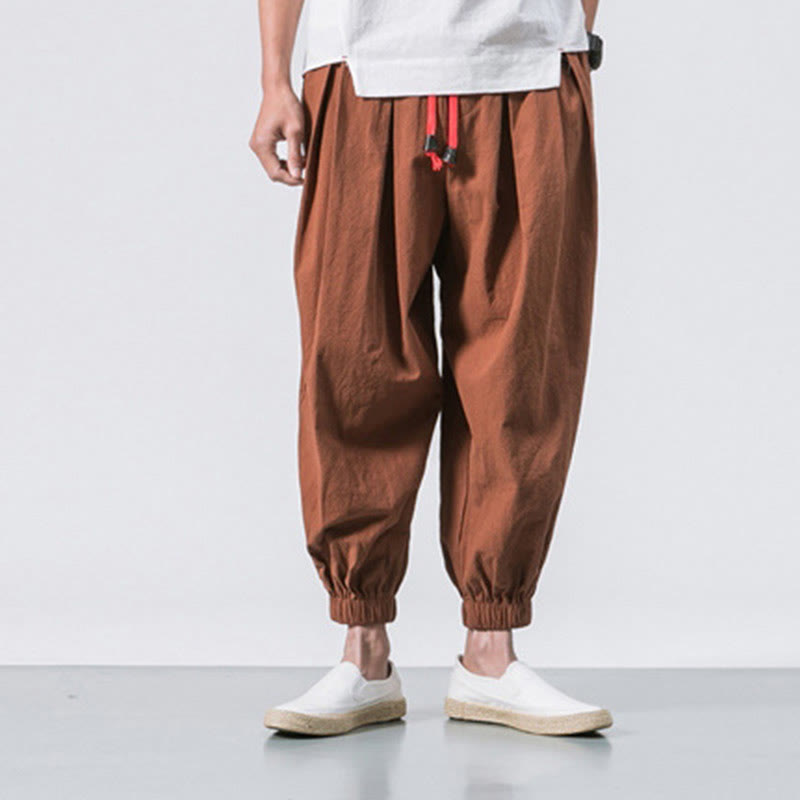 Buddha Stones Casual Sports Men's Solid Color Cotton Linen Drawstring Pants With Pockets