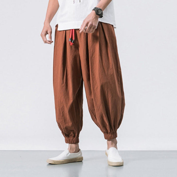 Buddha Stones Casual Sports Men's Solid Color Cotton Linen Drawstring Pants With Pockets