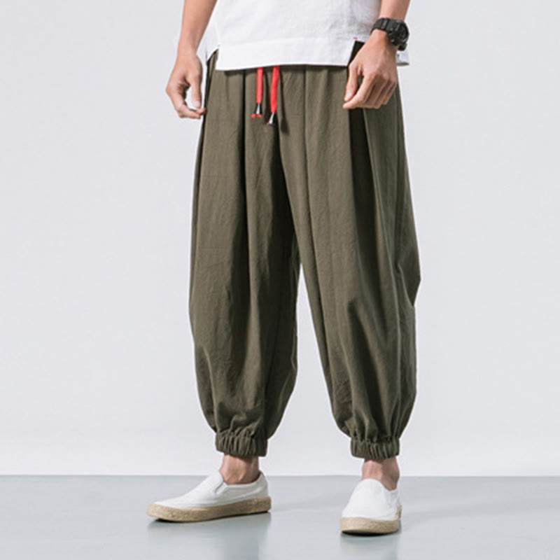 Buddha Stones Casual Sports Men's Solid Color Cotton Linen Drawstring Pants With Pockets