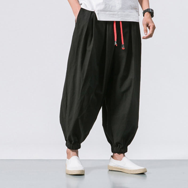 Buddha Stones Casual Sports Men's Solid Color Cotton Linen Drawstring Pants With Pockets