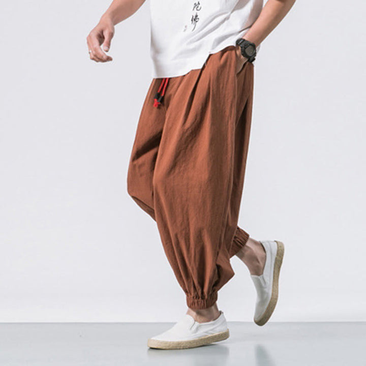 Buddha Stones Casual Sports Men's Solid Color Cotton Linen Drawstring Pants With Pockets