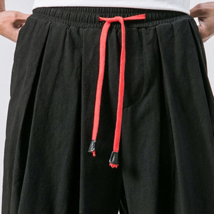 Buddha Stones Casual Sports Men's Solid Color Cotton Linen Drawstring Pants With Pockets