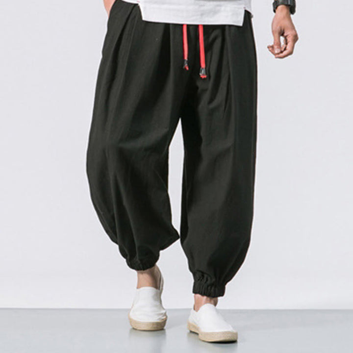 Buddha Stones Casual Sports Men's Solid Color Cotton Linen Drawstring Pants With Pockets