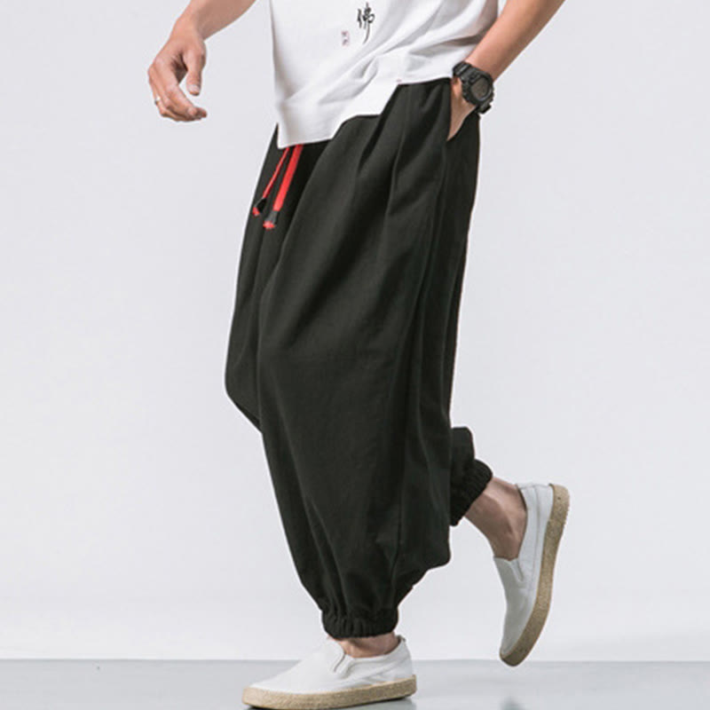 Buddha Stones Casual Sports Men's Solid Color Cotton Linen Drawstring Pants With Pockets