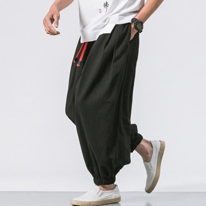 Buddha Stones Casual Sports Men's Solid Color Cotton Linen Drawstring Pants With Pockets