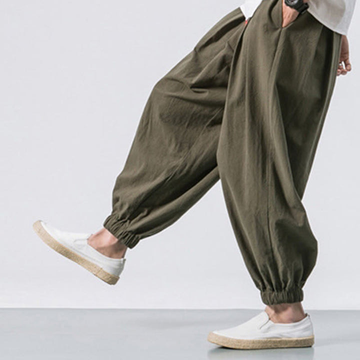 Buddha Stones Casual Sports Men's Solid Color Cotton Linen Drawstring Pants With Pockets