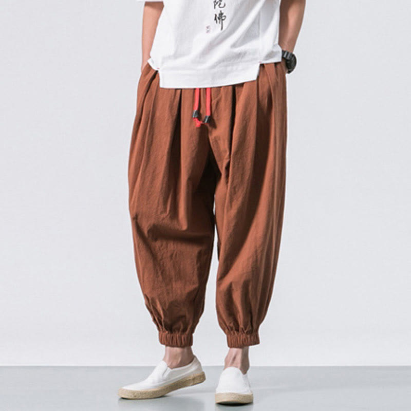 Buddha Stones Casual Sports Men's Solid Color Cotton Linen Drawstring Pants With Pockets