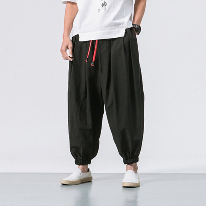 Buddha Stones Casual Sports Men's Solid Color Cotton Linen Drawstring Pants With Pockets