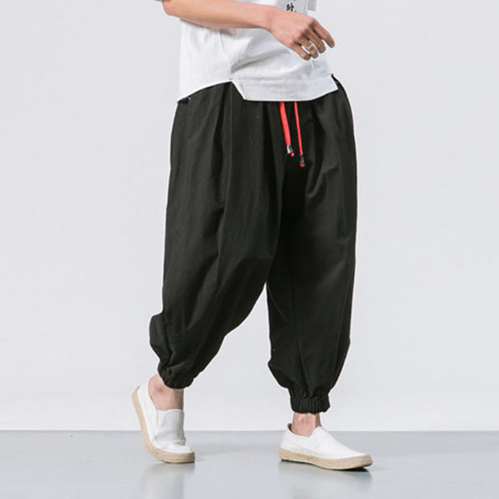Buddha Stones Casual Sports Men's Solid Color Cotton Linen Drawstring Pants With Pockets
