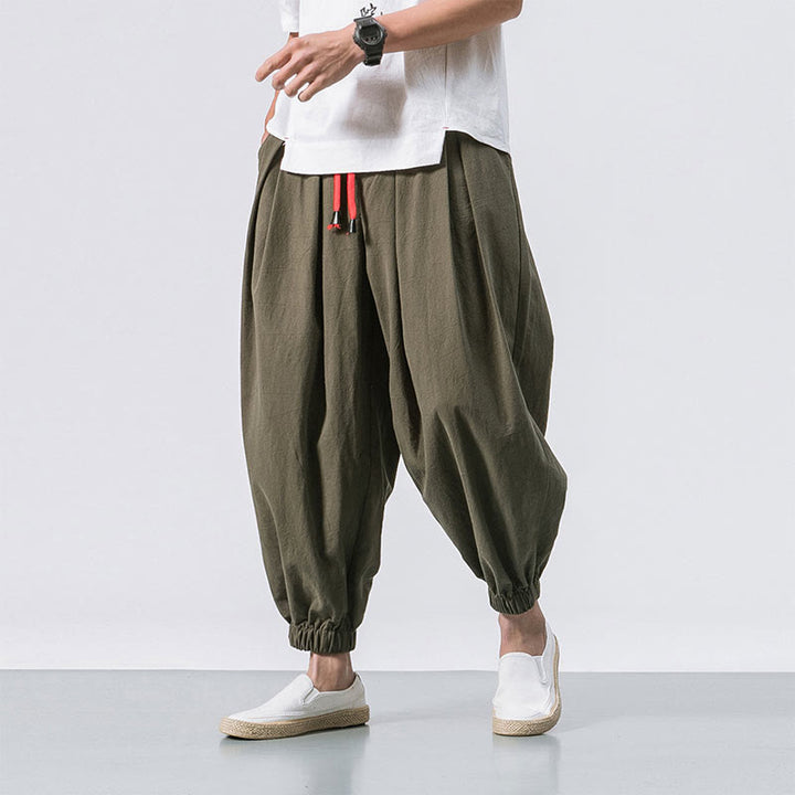 Buddha Stones Casual Sports Men's Solid Color Cotton Linen Drawstring Pants With Pockets