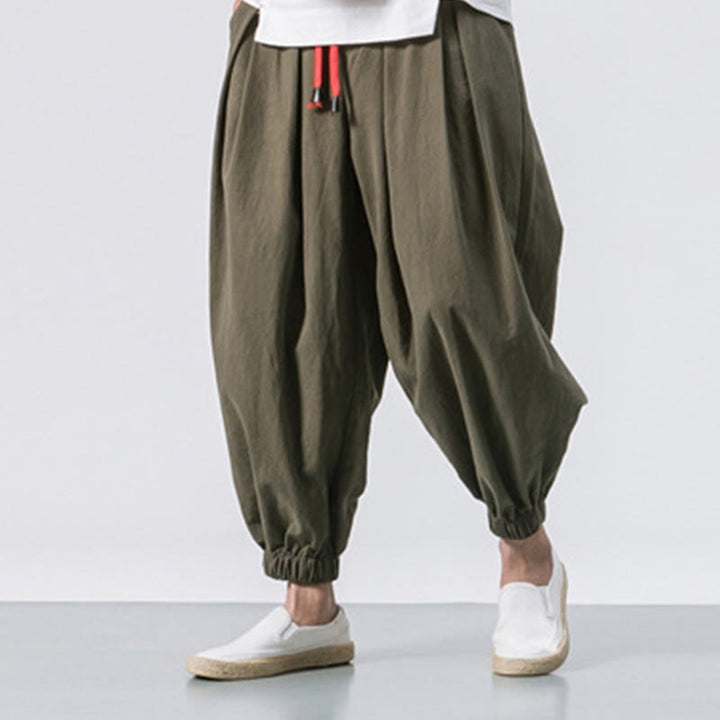 Buddha Stones Casual Sports Men's Solid Color Cotton Linen Drawstring Pants With Pockets