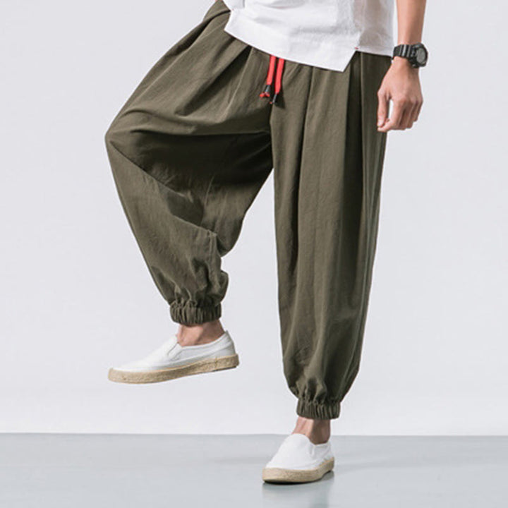 Buddha Stones Casual Sports Men's Solid Color Cotton Linen Drawstring Pants With Pockets