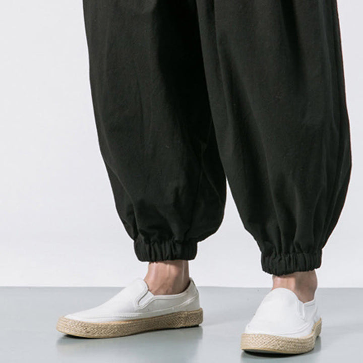 Buddha Stones Casual Sports Men's Solid Color Cotton Linen Drawstring Pants With Pockets