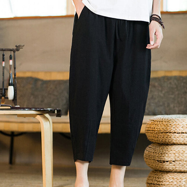 Buddha Stones Simple Design Drawstring Cotton Linen Men's Solid Color Harem Pants With Pockets