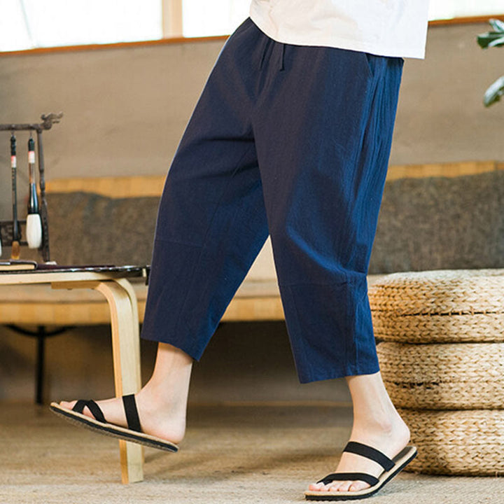 Buddha Stones Simple Design Drawstring Cotton Linen Men's Solid Color Harem Pants With Pockets