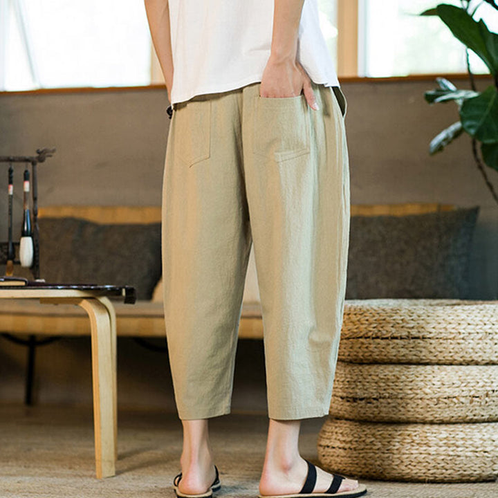 Buddha Stones Simple Design Drawstring Cotton Linen Men's Solid Color Harem Pants With Pockets