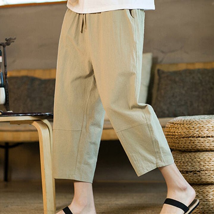 Buddha Stones Simple Design Drawstring Cotton Linen Men's Solid Color Harem Pants With Pockets