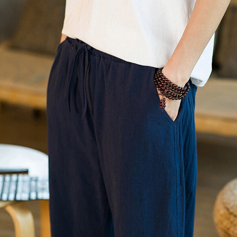 Buddha Stones Simple Design Drawstring Cotton Linen Men's Solid Color Harem Pants With Pockets