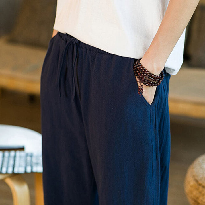 Buddha Stones Simple Design Drawstring Cotton Linen Men's Solid Color Harem Pants With Pockets