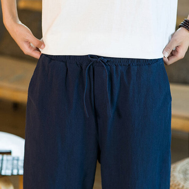 Buddha Stones Simple Design Drawstring Cotton Linen Men's Solid Color Harem Pants With Pockets