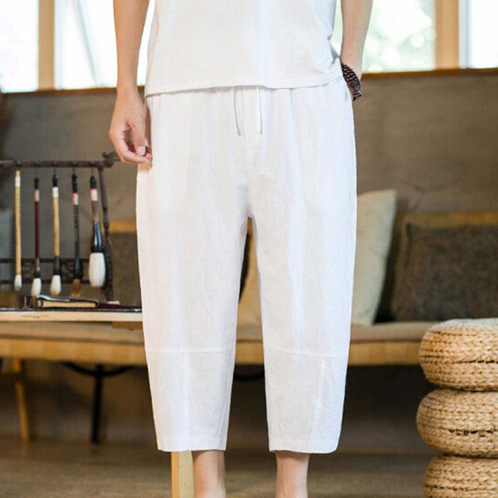 Buddha Stones Simple Design Drawstring Cotton Linen Men's Solid Color Harem Pants With Pockets