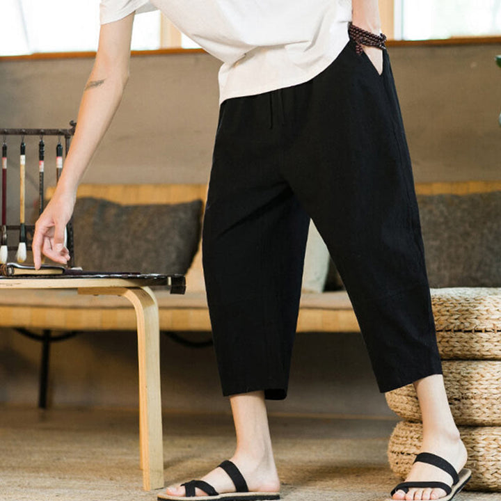 Buddha Stones Simple Design Drawstring Cotton Linen Men's Solid Color Harem Pants With Pockets