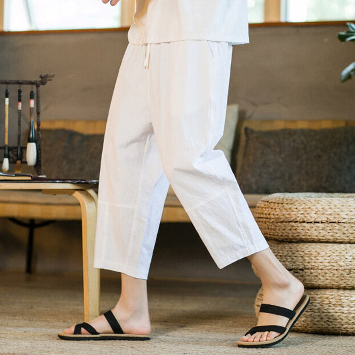 Buddha Stones Simple Design Drawstring Cotton Linen Men's Solid Color Harem Pants With Pockets - image 27